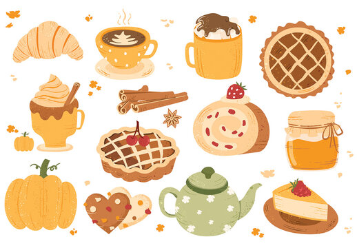 Autumn Fall Food Clipart Illustrations with Pumpkin Spiced Latte & Pumpkin Pie