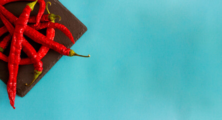 Dried elongated red peppers on slate tray on blue background. Top view. Flat lay. Copy space.