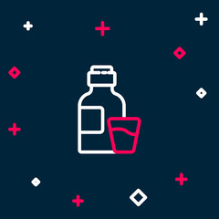 Line Bottle of medicine syrup and dose measuring cup solid icon isolated on blue background. Colorful outline concept. Vector