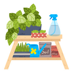 Table with potted plants, a spray bottle, bags of soil and fertilizer. Home plant growing. Eco hobby equipments. Vector illustration isolated on white background.