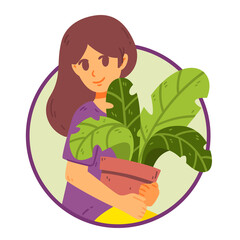 Girl caring houseplants. Daily life and everyday routine scene by a young woman. Cultivating potted plants. Female character enjoying her hobby. Vector illustration isolated on white background.