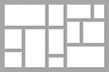Blank white postage stamps collection. Sticky paper stamp. Vector illustration.