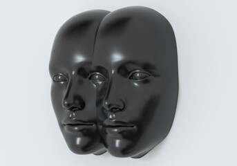 Surreal 3d illustration of two сonjoined faces in a wall. Concept of psychological and mental health issues.