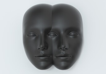 Surreal 3d illustration of two сonjoined faces in a wall. Concept of psychological and mental health issues.