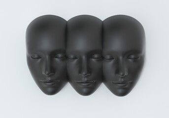 Surreal 3d illustration of multiple сonjoined faces in a wall. Concept of psychological and mental health issues, dissociative identity disorder.