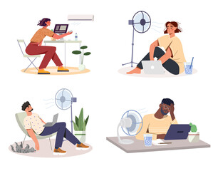 Cooling devices at work. Collection of exhaustion employees sitting under fan or air conditioner. Rescue in hot weather. Cooling of workplace. Cartoon flat vector set isolated on white background