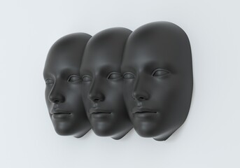 Surreal 3d illustration of multiple сonjoined faces in a wall. Concept of psychological and mental health issues, dissociative identity disorder.