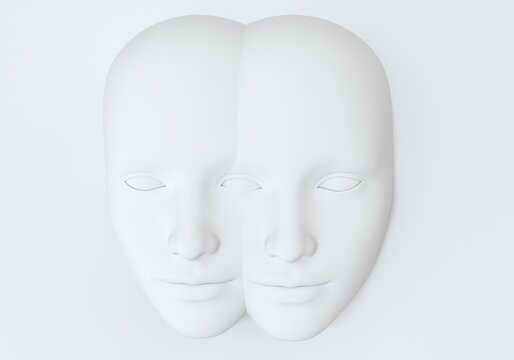 Surreal 3d illustration of two сonjoined faces in a wall. Concept of psychological and mental health issues.