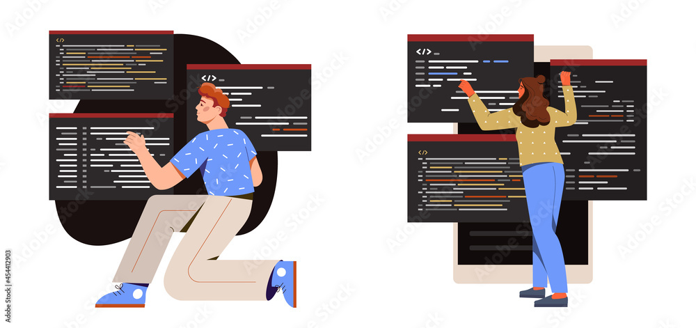 Poster collection of programmers at work. man and woman develop website or application in special program o