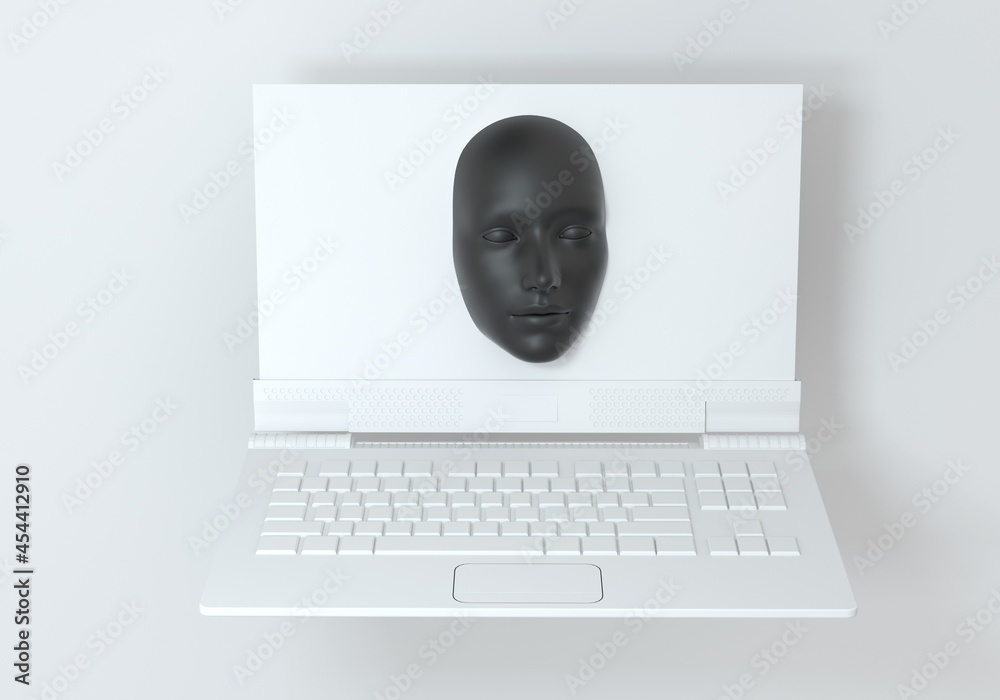 Poster minimal surreal 3d illustration with a laptop and a face appearing from its screen. concept of cyber