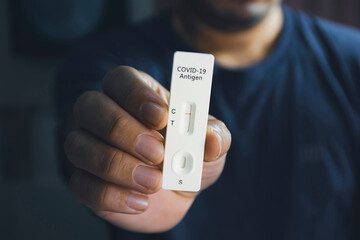 Own hand showing Covid-19 negative test result with SARS CoV-2 Rapid antigen test kit (ATK),Coronavirus infectious protective concept