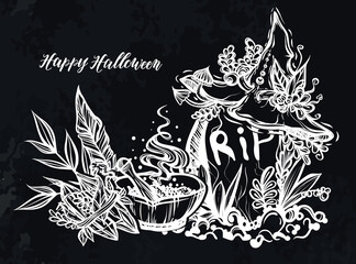 Vector illustration, Halloween, mystic, witchcraft, gravestone, crystals. handmade, prints, tattoo, background  chalkboard