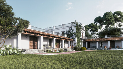 House with creeper plants. Old villa with green lawn. Mexican hacienda. 3d illustration - obrazy, fototapety, plakaty