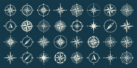 Vintage marine wind rose, nautical chart. Monochrome navigational compass with cardinal directions of North, East, South, West. Geographical position, cartography and navigation. Vector illustration. © 32 pixels