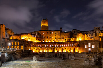 night view of the forum of Alexander with archaeolocial site in Rome