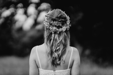 Beautiful bridal hairstyle with flowers close-up