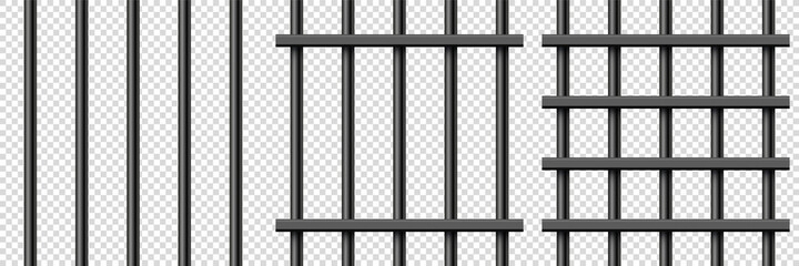 Fototapeta premium Black realistic metal prison bars. Detailed jail cage, prison iron fence. Criminal background mockup. Creative vector illustration.