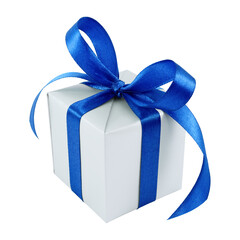 Silver gift wrapped present with blue satin bow isolated on white