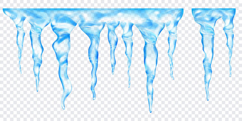 Group of translucent light blue realistic icicles of different lengths, connected at the top, isolated on transparent background. Transparency only in vector format