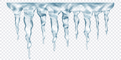 Group of translucent gray realistic icicles of different lengths, connected at the top, isolated on transparent background. Transparency only in vector format