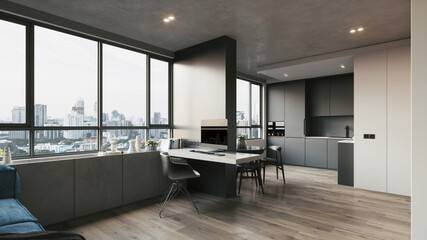 Fototapeta premium Interior of a small kitchen-living room. Modern Kitchen Living Room interior design. 3d illustration
