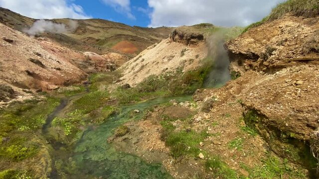 Boiling hot rivers flow through the Hveragerdi geothermal region along the mid Atlantic ridge in Iceland.