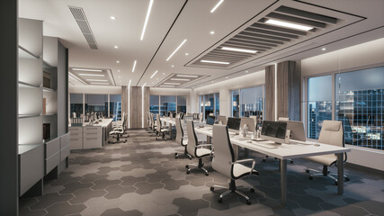 Modern office interior in a business center. Empty open office space. Modern Corporate Office Space. 3d illustration