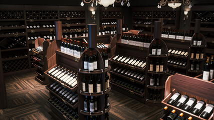 Wine shop interior. Wine shelves in a modern store. 3d illustration