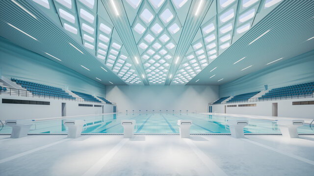 Olympic swimming pool interior. Empty indoor swimming pool. Swimming pool for training. indoor sport swimming pool. 3d illustration