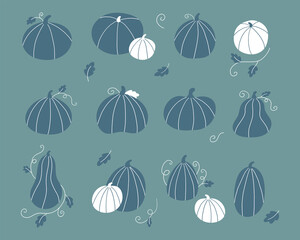 Green monochrome stylized pumpkin set. Hand drawn doodle vegetable for Halloween and Thanksgiving celebration. Vector illustration.