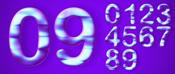 Futuristic numbers in cryptocurrency, blockchain or information technology style. Abstract digital numbers 0, 1, 2, 3, 4, 5, 6, 7, 8, 9 on blue background. Set of 3D digits, vector illustration.