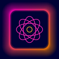 Glowing neon line Atom icon isolated on black background. Symbol of science, education, nuclear physics, scientific research. Colorful outline concept. Vector