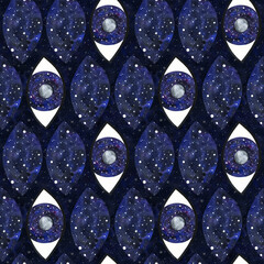 The universe is in open eyes. Abstract seamless pattern with the moon and space in the pupil. Stylish space ornament on a dark background. Decorative print with mystical watercolor illustrations