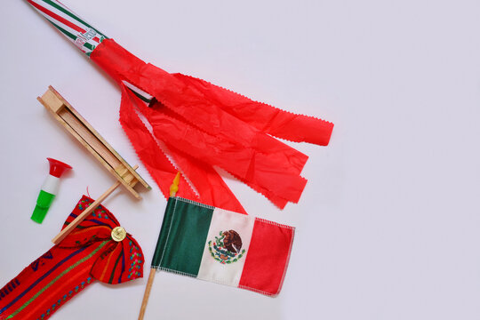 Mexican flag, with colorful decoration of day of independence on white background.