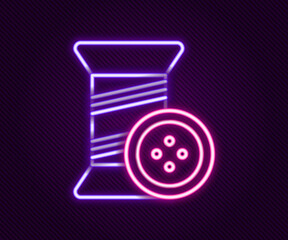 Glowing neon line Sewing thread on spool and button icon isolated on black background. Yarn spool. Thread bobbin. Colorful outline concept. Vector