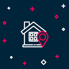 Line Map pointer with house icon isolated on blue background. Home location marker symbol. Colorful outline concept. Vector