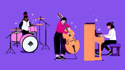 Jazz trio musician ensemble. Piano, drums and double bass concert. Live music show performance of pianist, contrabass and drummer. female musical ensemble  © Sophie Alp