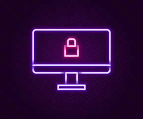 Glowing neon line Lock on computer monitor screen icon isolated on black background. Security, safety, protection concept. Safe internetwork. Colorful outline concept. Vector