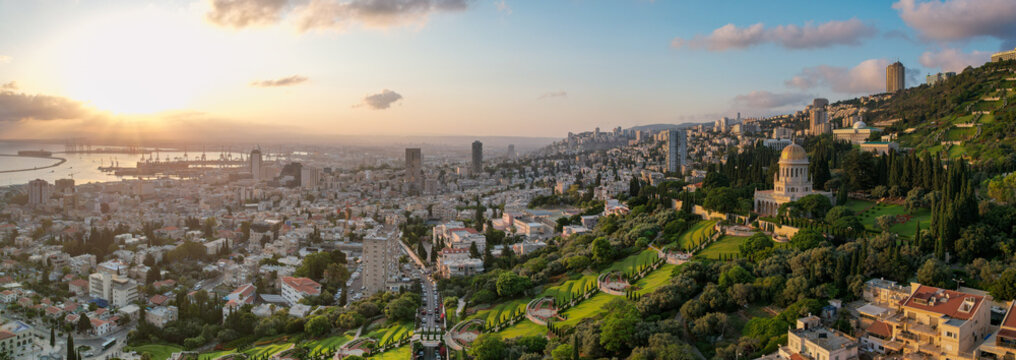 The cityscape of Haifa city and metropolitan area. Panoramic view of the Bahai gardens.