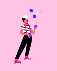 Circus performer with red clown nose. Non binary juggler juggling balls in live circus show. 