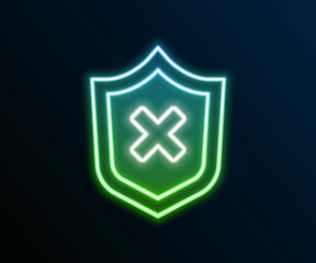 Glowing neon line Shield with cross mark icon isolated on black background. Shield and rejected. Notice of refusal. Colorful outline concept. Vector