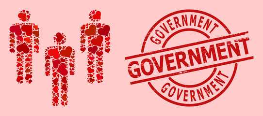 Grunge Government stamp seal, and red love heart mosaic for people crowd. Red round stamp seal includes Government tag inside circle. People crowd mosaic is formed with red valentine icons.