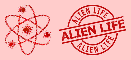 Grunge Alien Life stamp seal, and red love heart collage for atom viruses. Red round stamp seal includes Alien Life title inside circle. Atom viruses collage is created of red amour icons.