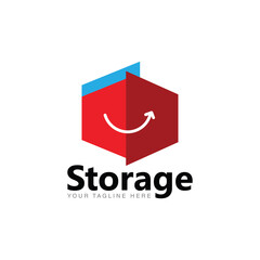 storage Box logo with smiling face template concept. Smiling box icon for storage business. Smiling box logo for file storage business. Box with smile face vector graphic symbol.	
