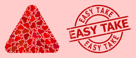 Distress Easy Take seal, and red love heart mosaic for rounded triangle. Red round seal contains Easy Take caption inside circle. Rounded triangle mosaic is made of red romance icons.