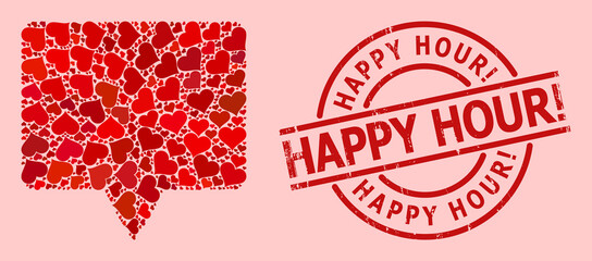 Rubber Happy Hour! stamp seal, and red love heart collage for banner. Red round stamp seal has Happy Hour! tag inside circle. Banner mosaic is constructed from red romance items.