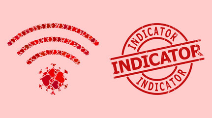 Grunge Indicator badge, and red love heart mosaic for virus source. Red round badge includes Indicator title inside circle. Virus source mosaic is composed of red romance items.