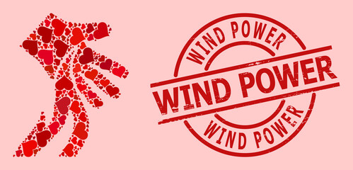 Distress Wind Power stamp seal, and red love heart collage for burn hand. Red round seal contains Wind Power caption inside circle. Burn hand collage is organized of red dating icons.