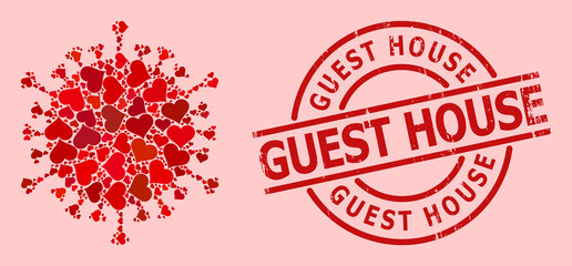 Scratched Guest House stamp, and red love heart collage for covid virus. Red round stamp contains Guest House title inside circle. Covid virus collage is composed of red romantic icons.