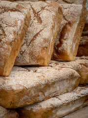 Loaves of fresh artisan bread. 
